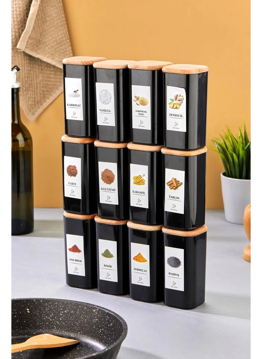 Fbz Home 12-Piece Labeled 300 ml Bamboo Wooden Lid Acrylic Mica Spice Storage Container - Vacuum Sealed  - Image 1