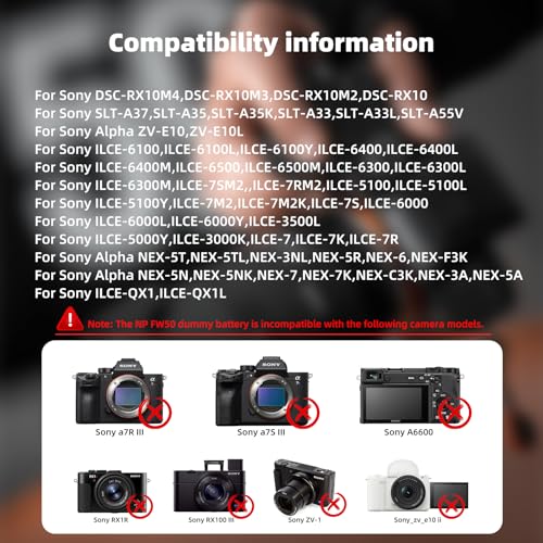 F1TP AC PW20 AC Power Supply Adapter NP-FW50 Dummy Battery Coupler kit for Sony ZV-E10, Alpha A6500 A6400 A6300 A6100 A6000 A5100 A5000 A7II A7SII A7RII A7 A7S A7R RX10 II III IV NE ZV-E10 Cameras - Image 4