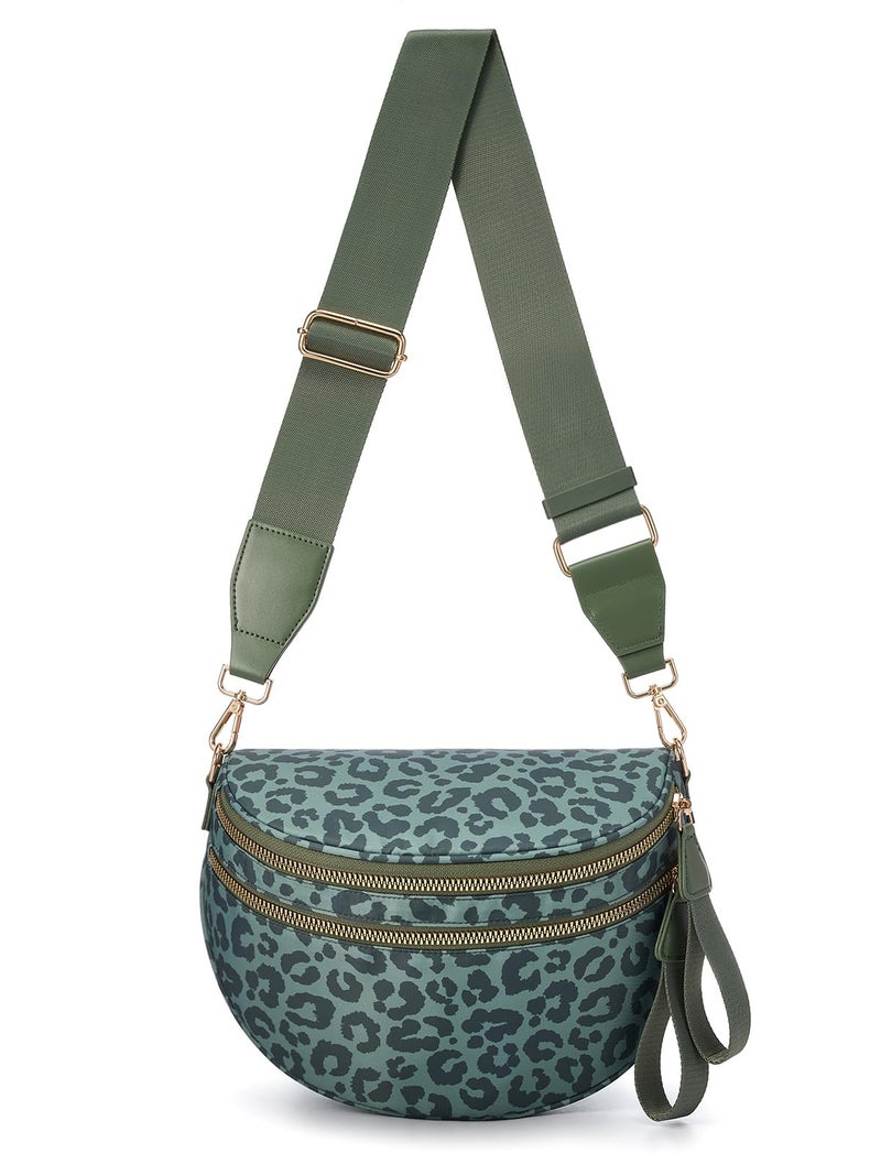 MEISEY Pure Colour Crossbody Bag Bum Bag for Women,Spacious Purse Fanny Packs Belt Bag,Oversized Bum Bag (Bean Green Leopard Print Bum Bag) - Image 1