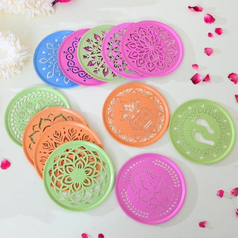Craftam Different Design Ready to Draw Rangoli Making Stencils, Rangoli Plastic Stencils for Floor Decoration (Set of 12, Size 6 Inch) - Image 1