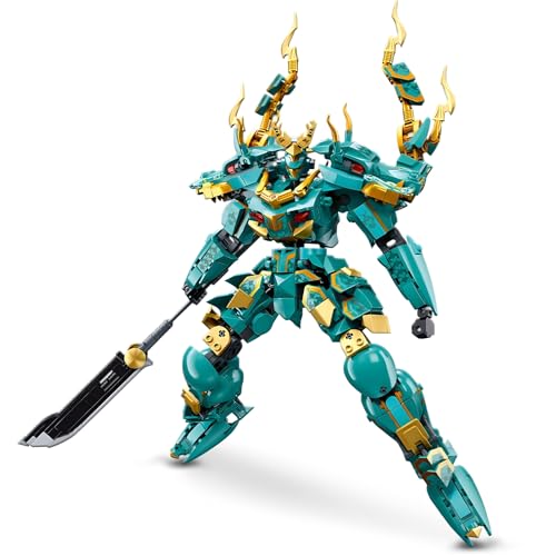 HIGH GODO Mech Robot Building Blocks Set for Adults Cool Green Dragon Warrior Model Kit with Long Spear Toy Playset 704 Pieces Collectible Mythical Ninja Gifts for Teens Ages 14 - Image 1