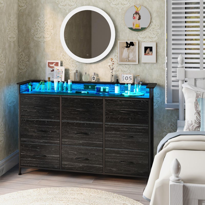 EXOTICA EXOTICA Black Dresser with Charging Station 9 Drawers Dresser with LED Light and USB Ports Fabric Dressers for Bedroom Hallway Entryway Closets Sturdy Steel Frame Wood Top