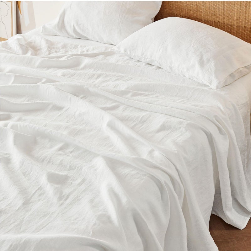 Bedsure Queen Bed Sheets, Cotton Linen Sheet Set, Breathable & Durably, Anti - Pilling & Soft, Deep Pocket Queen Fitted Bedsheets Up to 16 Inches, 4 Pieces, Pure White - Image 1