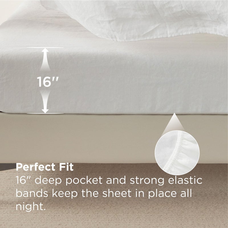 Bedsure Queen Bed Sheets, Cotton Linen Sheet Set, Breathable & Durably, Anti - Pilling & Soft, Deep Pocket Queen Fitted Bedsheets Up to 16 Inches, 4 Pieces, Pure White - Image 5