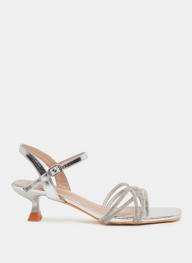 Styli Silver Embellished Strappy Kitten Heel Sandals