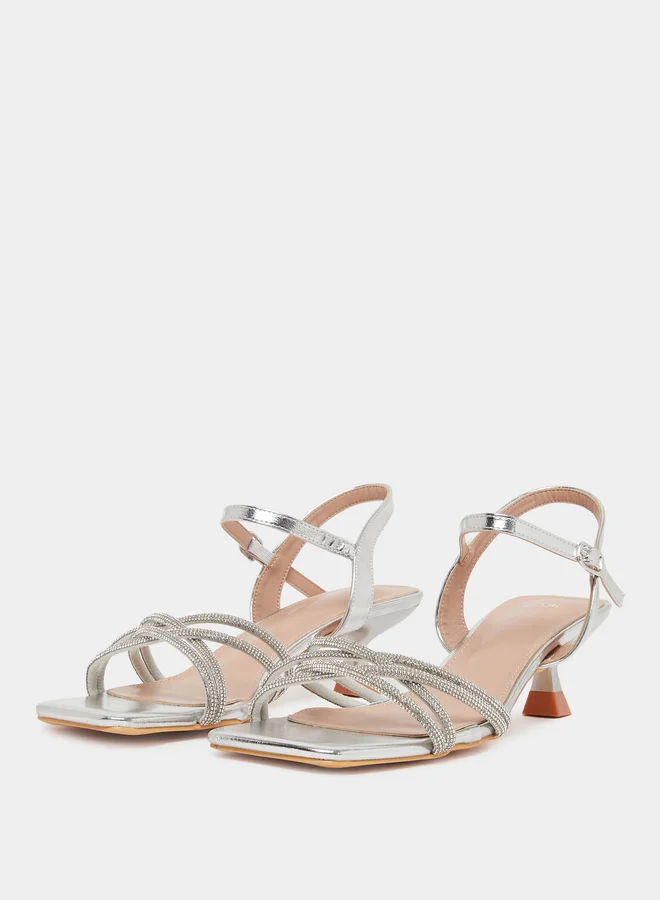 Styli Silver Embellished Strappy Kitten Heel Sandals