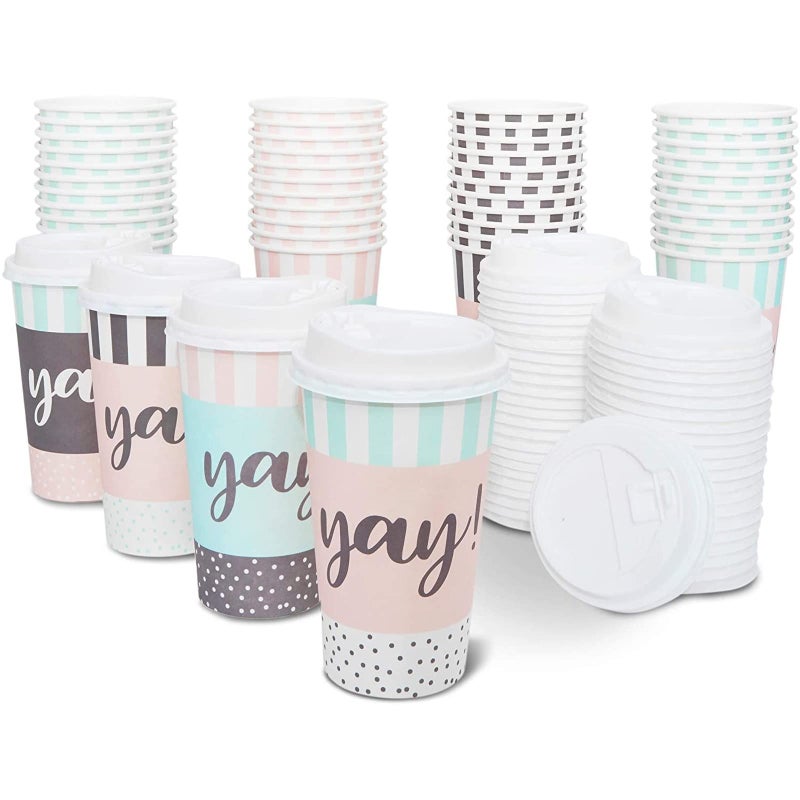 BLUE PANDA Disposable Coffee Cups with Lids - 48-Pack 16 Oz Paper Cups - Polka Dot & Stripe Design for Birthday Parties, Weddings & Baby Showers - Image 1