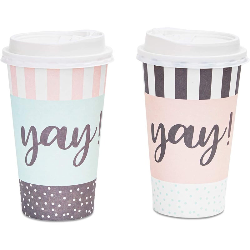 BLUE PANDA Disposable Coffee Cups with Lids - 48-Pack 16 Oz Paper Cups - Polka Dot & Stripe Design for Birthday Parties, Weddings & Baby Showers - Image 5