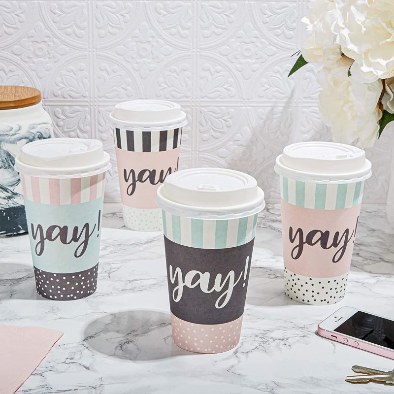 BLUE PANDA Disposable Coffee Cups with Lids - 48-Pack 16 Oz Paper Cups - Polka Dot & Stripe Design for Birthday Parties, Weddings & Baby Showers - Image 2