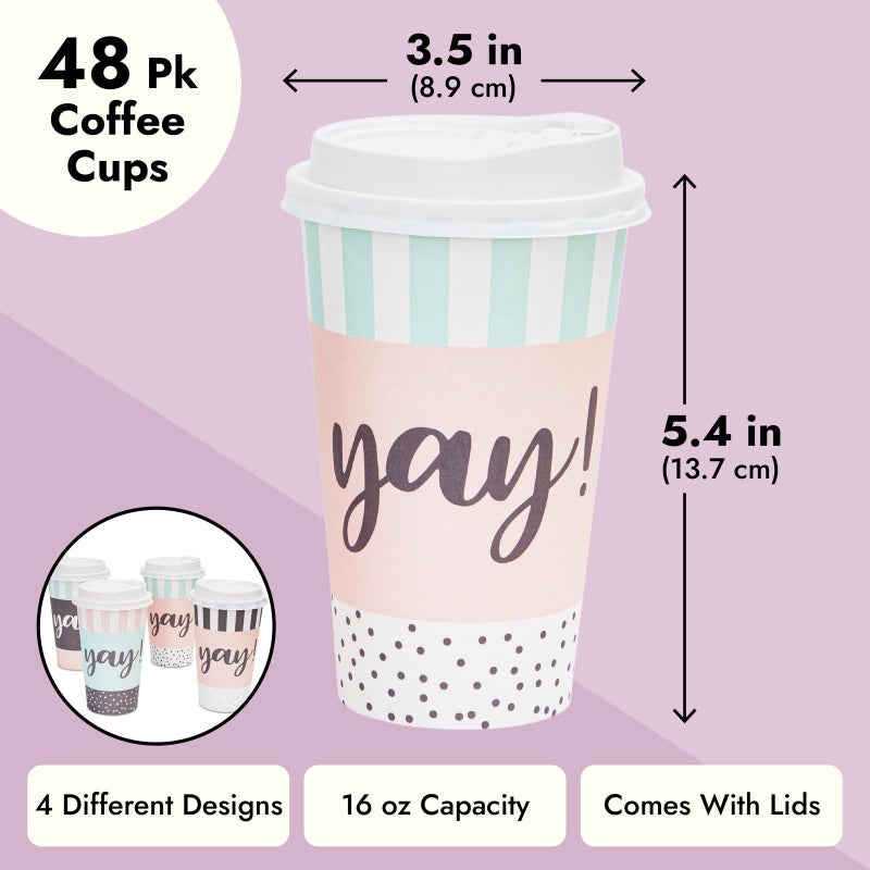 BLUE PANDA Disposable Coffee Cups with Lids - 48-Pack 16 Oz Paper Cups - Polka Dot & Stripe Design for Birthday Parties, Weddings & Baby Showers - Image 3