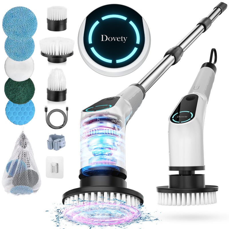 Dovety Electric Spin Scrubber Cordless Cleaning Brush Shower Scrubber with 8 Replaceable Brush Head Power Cleaning Brush with Extension Handle 2 Adjustable Speed for Bathtub Grout Tile Floor