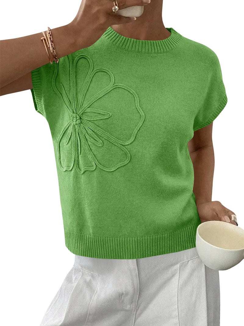 Saodimallsu Womens Short Sleeve Sweater Trendy Floral Pullover Sweaters Summer Casual Crewneck Lightweight Knit Tops Green - Image 1