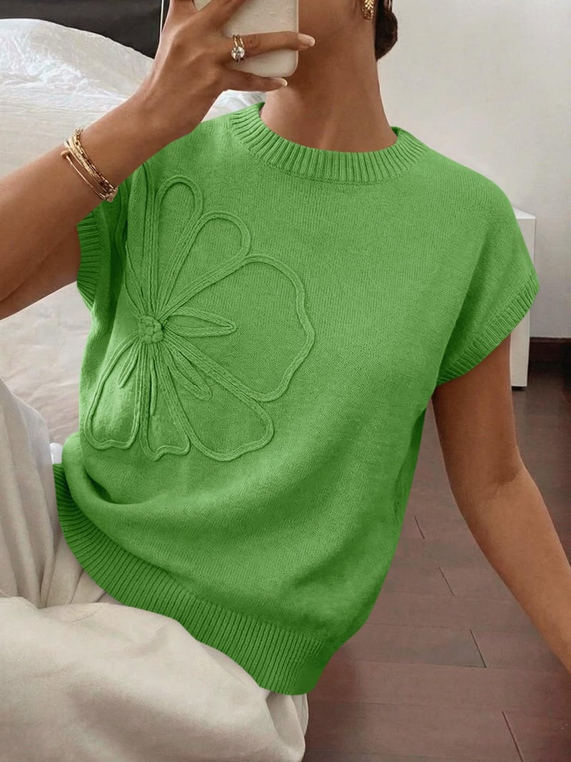 Saodimallsu Womens Short Sleeve Sweater Trendy Floral Pullover Sweaters Summer Casual Crewneck Lightweight Knit Tops Green - Image 5