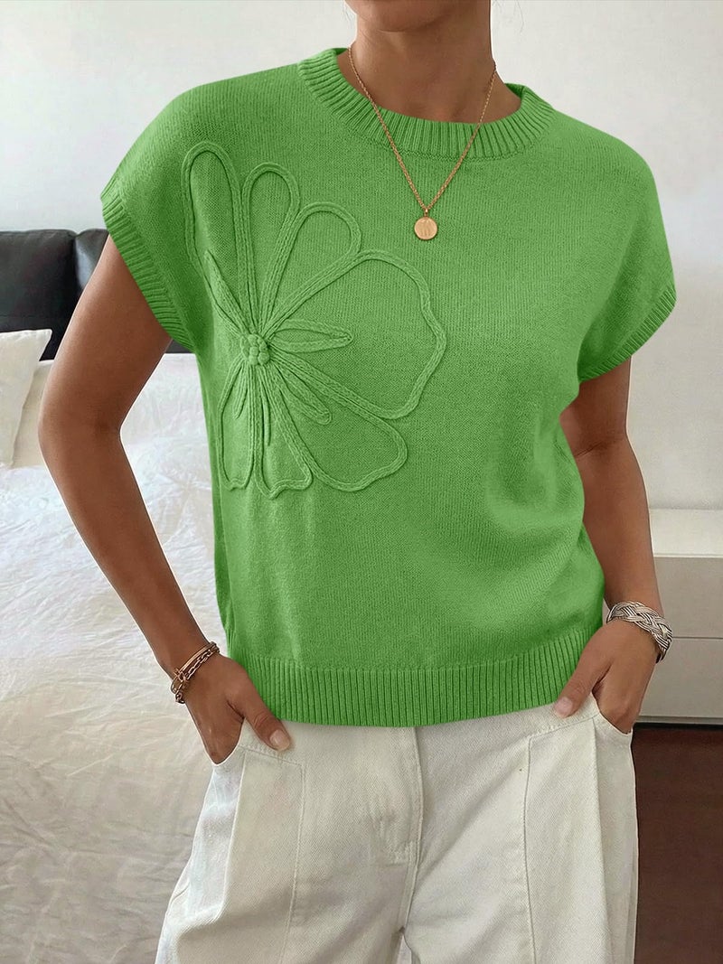 Saodimallsu Womens Short Sleeve Sweater Trendy Floral Pullover Sweaters Summer Casual Crewneck Lightweight Knit Tops Green - Image 2