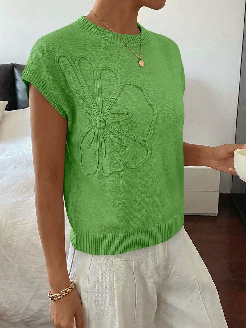 Saodimallsu Womens Short Sleeve Sweater Trendy Floral Pullover Sweaters Summer Casual Crewneck Lightweight Knit Tops Green - Image 4