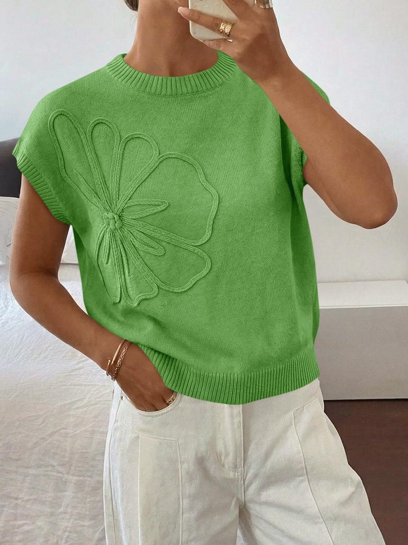Saodimallsu Womens Short Sleeve Sweater Trendy Floral Pullover Sweaters Summer Casual Crewneck Lightweight Knit Tops Green - Image 3