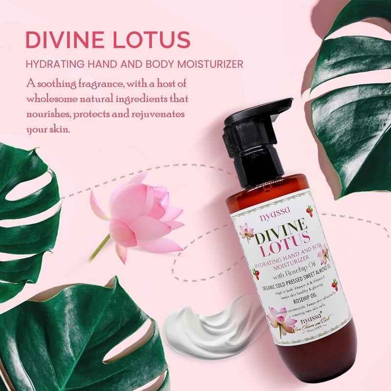 Nyassa Nyassa Divine Lotus Hydrating Hand and Body Moisturizer with Rosehip Oil Organic Sweet Almond Oil For skin healthy glowing No Parabens Sulphates Vegetarian Cruelty free 200ml  - Image 3