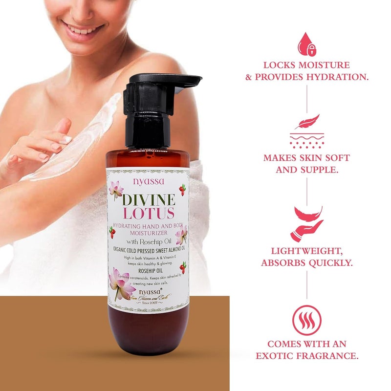 Nyassa Nyassa Divine Lotus Hydrating Hand and Body Moisturizer with Rosehip Oil Organic Sweet Almond Oil For skin healthy glowing No Parabens Sulphates Vegetarian Cruelty free 200ml  - Image 4