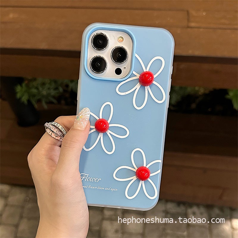 Three-dimensional round bead flower for iPhone15ProMax Apple 14promax mobile phone case blue frosted fruit 16 - Image 1