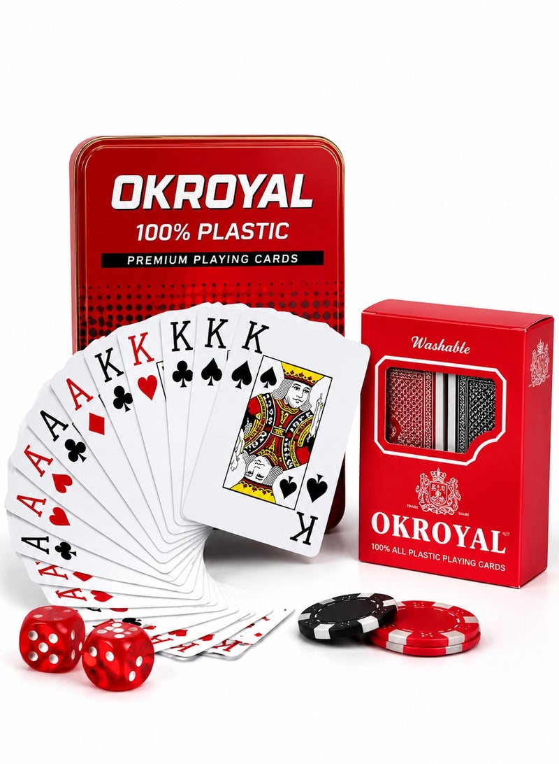 OKROYAL Premium 100% Plastic Poker Playing Cards Twin Pack – 108 Cards Total (2 Decks of 54) – Waterproof, Washable, Tear-Resistant PVC Casino-Grade Decks with Smooth Shuffle in Durable Metal Tin Case for Game Nights, Travel, Camping & Outdoor Use - Image 1