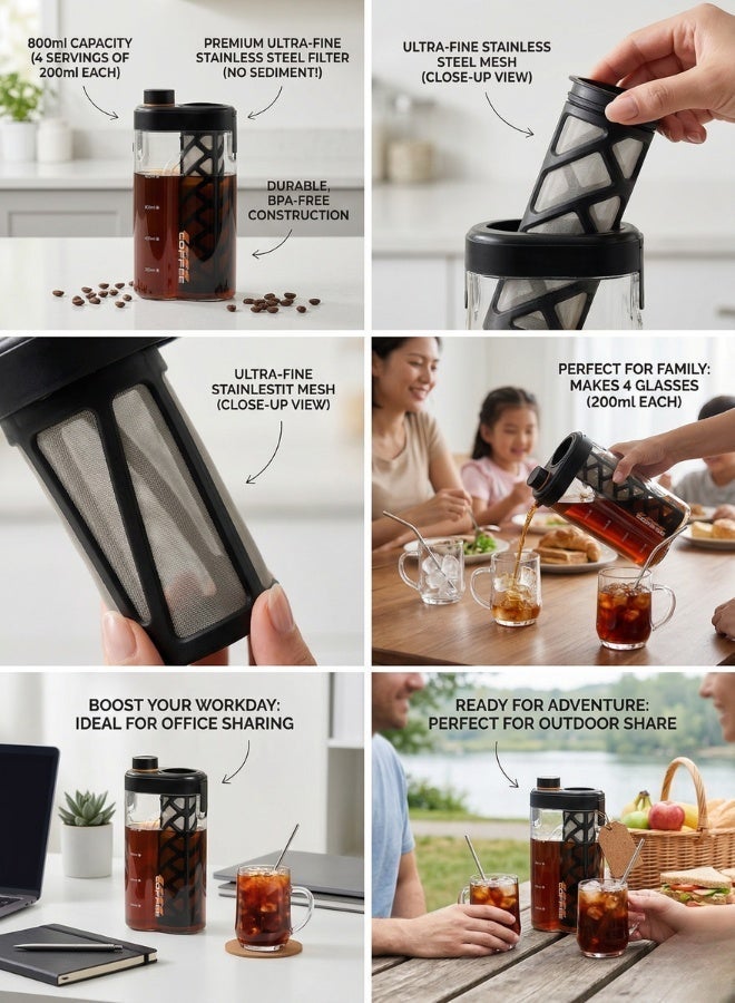 Cold Brew Coffee Maker with Removable Filter - 800ml BPA Free Pitcher for Iced Coffee & Tea, Refrigerator Safe Jug - Image 5