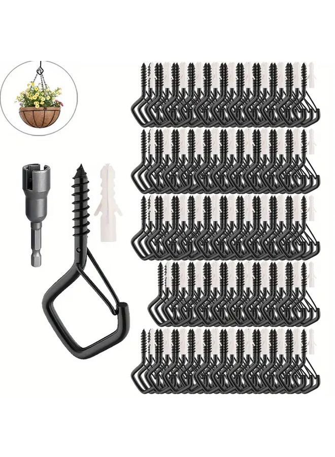 120pcs Heavy Duty Iron Screw Hooks With Safety Buckle Black Wall Mounted Outdoor String Lights - Image 1