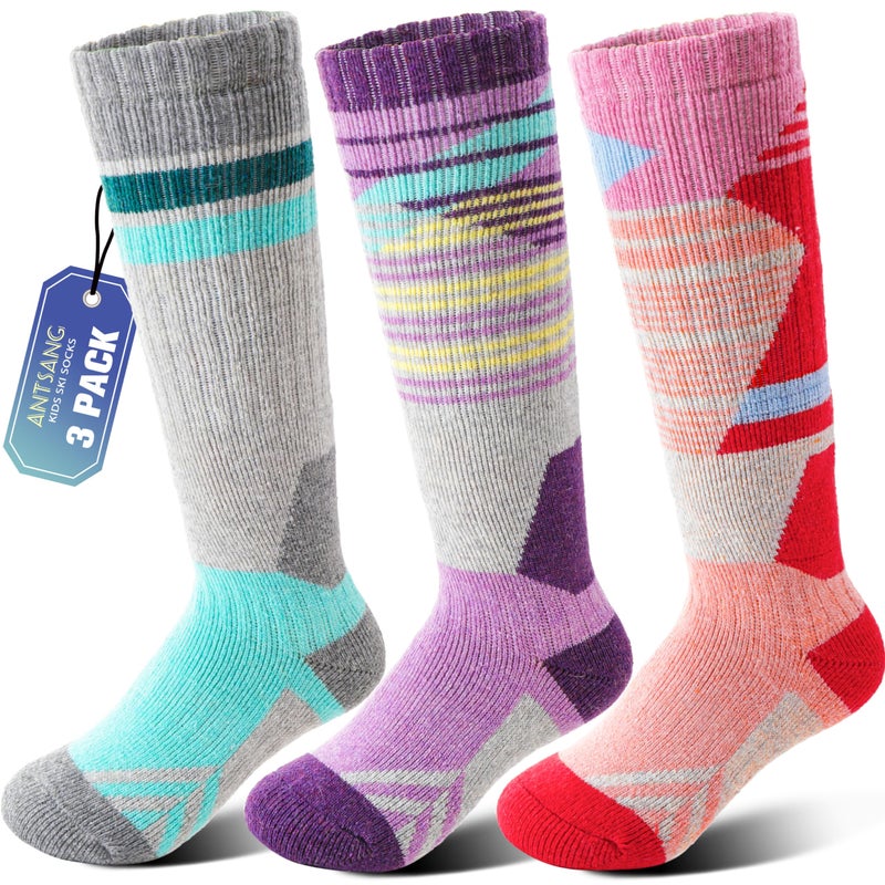 ANTSANG Kids Merino Wool Ski Socks for Boys Girls Teen Thermal Warm Thick Winter Hiking Knee High Socks Stocking Stuffers for Snowboarding Skiing(Assorted B,4-7 Y) - Image 1