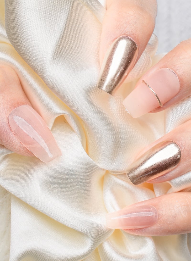 Nailosophy 10 Pcs Handmade Gel Press On Nails Long Almond Nude Peach Champagne Gold Chrome Metallic Reusable False Nails Nail Kit for Women Office Wedding Eid Special Occasions Gift - Image 1
