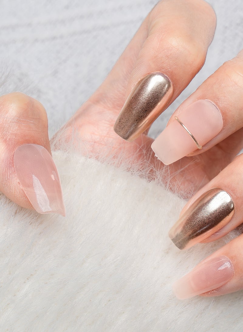 Nailosophy 10 Pcs Handmade Gel Press On Nails Long Almond Nude Peach Champagne Gold Chrome Metallic Reusable False Nails Nail Kit for Women Office Wedding Eid Special Occasions Gift - Image 2