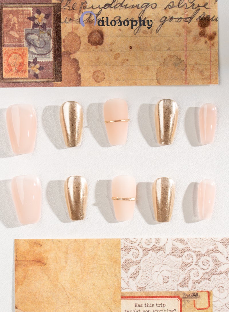 Nailosophy 10 Pcs Handmade Gel Press On Nails Long Almond Nude Peach Champagne Gold Chrome Metallic Reusable False Nails Nail Kit for Women Office Wedding Eid Special Occasions Gift - Image 3