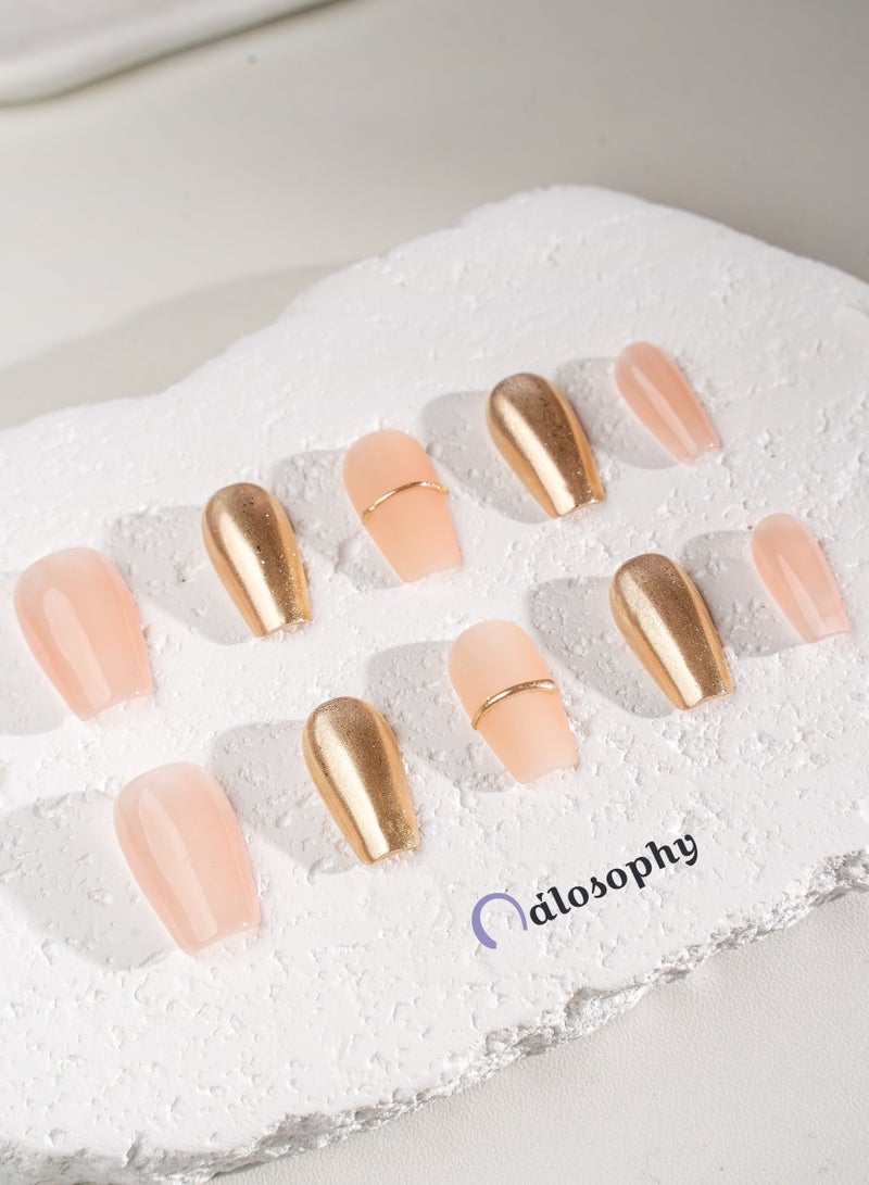 Nailosophy 10 Pcs Handmade Gel Press On Nails Long Almond Nude Peach Champagne Gold Chrome Metallic Reusable False Nails Nail Kit for Women Office Wedding Eid Special Occasions Gift - Image 4