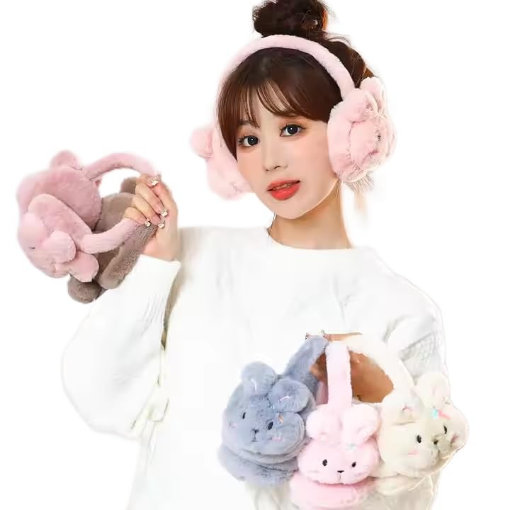 THE DDS STORE Rabbit Face 1 Cute Fluffy Ear Muff for Women Plush Earmuffs Kids Winter Earmuffs Girls Boys Cold Weather Ear Warmer (Grey) - Image 1