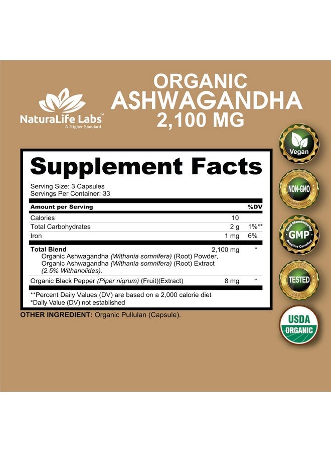 NaturaLife Labs Organic Ashwagandha 2,100 mg - 100 Veggie Capsules Pure Organic Ashwagandha Powder and Root Extract - Stress Relief, Mood Enhancer - Image 2