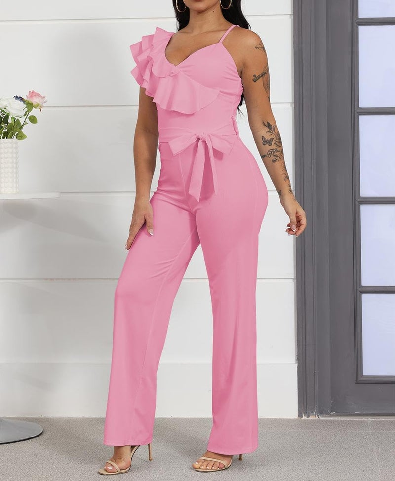 HBQ Womens Casual One Piece Jumpsuits V-Neck Sleeveless Ruffle Backless Belted Elegant Romper Wide Leg Pant Sexy Party Clubwear Overalls-Pink-L - Image 2