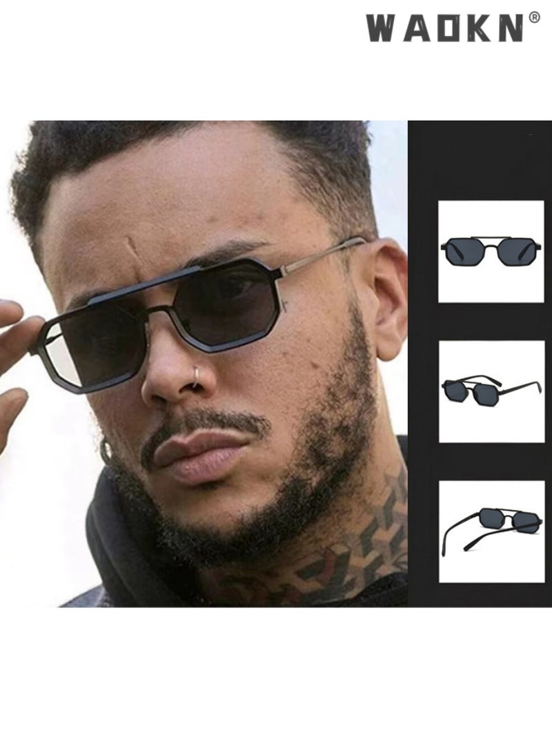 WAOKN Fashion Polygon Sunglasses For Women Men Retro Metal Punk Square Sunglasses Men Vintage Shades Steampunk Glasses UV400，Fashion Anti-Glare Sun Shades for Driving,Golfing, Fishing, Traveling (Black) - Image 2
