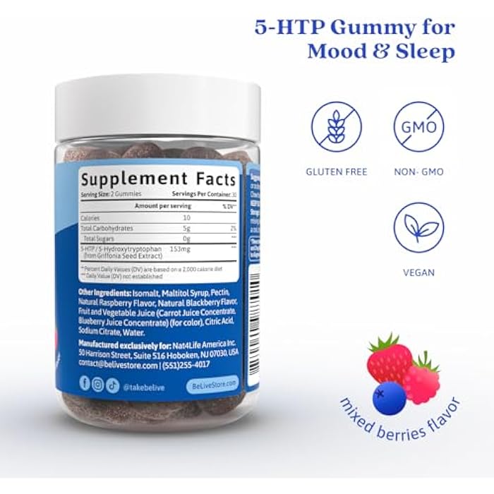 BeLive 5-HTP Gummies - 60 Ct I 5HTP Stress Relief Gummies for Better Sleep, Heightened Focus, Mood Booster & Stress Relief I Serotonin Booster for Adults, Vegan 5 HTP Supplement - Mixed Berries Flavor - Image 2