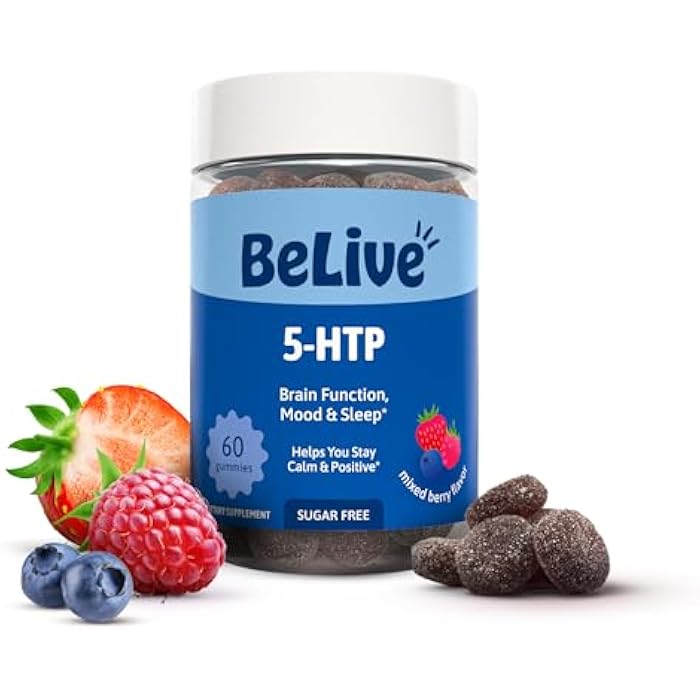 BeLive 5-HTP Gummies - 60 Ct I 5HTP Stress Relief Gummies for Better Sleep, Heightened Focus, Mood Booster & Stress Relief I Serotonin Booster for Adults, Vegan 5 HTP Supplement - Mixed Berries Flavor - Image 1