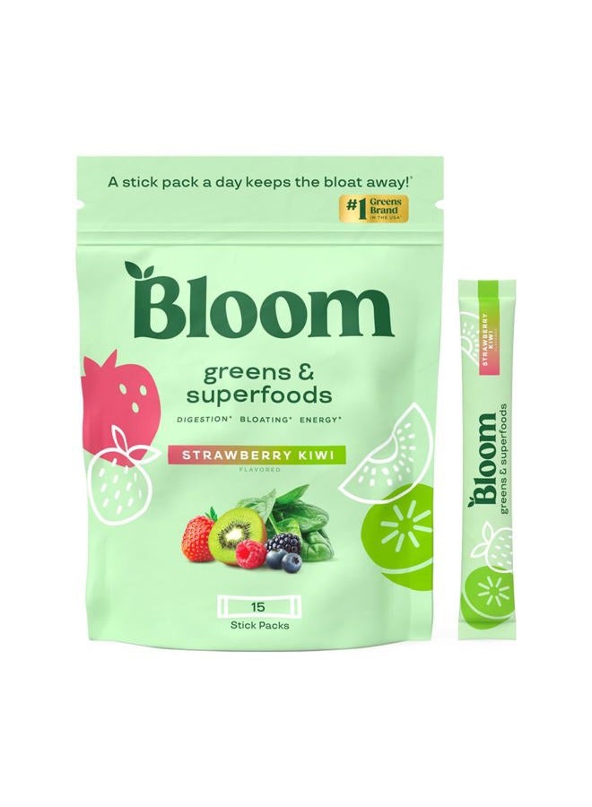 Bloom Nutrition Greens and Superfoods Powder Packets for Digestive Health, Greens Powder, Digestive Enzymes, Probiotics, Spirulina, Chlorella for Bloating & Gut Support, 15 Stick, Strawberry Kiwi - Image 1