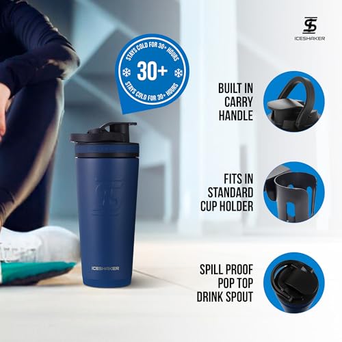 Ice Shaker Insulated Stainless Steel Shaker Bottle | 26oz, Navy | Cold for 30+ Hours | Insulated Cup with Twist-on Agitator | Odor-Free Bottle for Protein Shakes, Water, Smoothies, Cocktails - Image 3