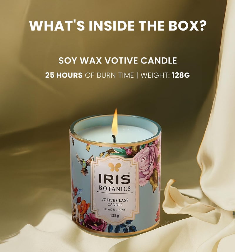 IRIS Botanics Votive Glass Candle- Fragrance Tea Rose & Agarwood - 125G (Lilac & Peony) 7.50 x 8.55 cm - Image 4