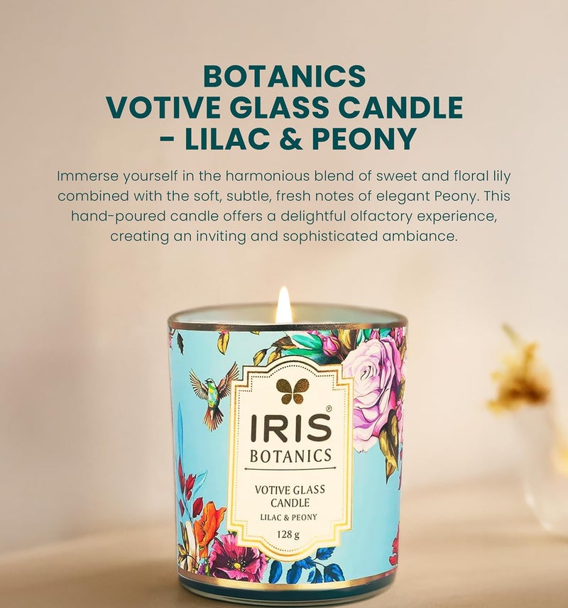 IRIS Botanics Votive Glass Candle- Fragrance Tea Rose & Agarwood - 125G (Lilac & Peony) 7.50 x 8.55 cm - Image 3