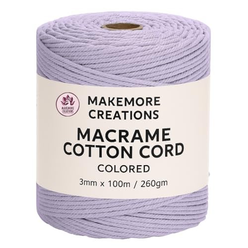 Makemore Creations Macrame Cotton Cord - Colored 3mm Dori,100m Length Soft Cotton Rope for Wall Hanging, Plant Hanger, Macrame Coasters, Weaving, Dream Catchers & DIY Craft Projects (Light Purple) - Image 1