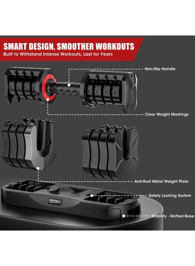 PAPIBLU Adjustable Dumbbells Set of 2, 25lbs 5-in-1 Quick Adjust Weights with Anti-Slip Handle & Storage Tray, Free Weights for Home Gym Full Body Workout, Suitable for Men and Women - Model 2 - Image 5