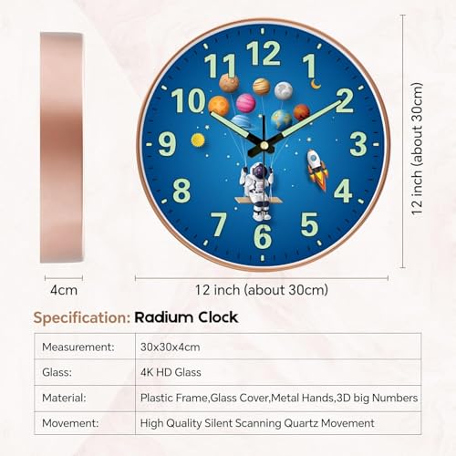 WHISKET - 12 Inch | Luxury Designer Radium Wall Clock with Night Glow Numbers – Silent Analog Clock with Elegant Floral Design for Living Room, Bedroom & Office Decor. (Radium Planet Men) - Image 2