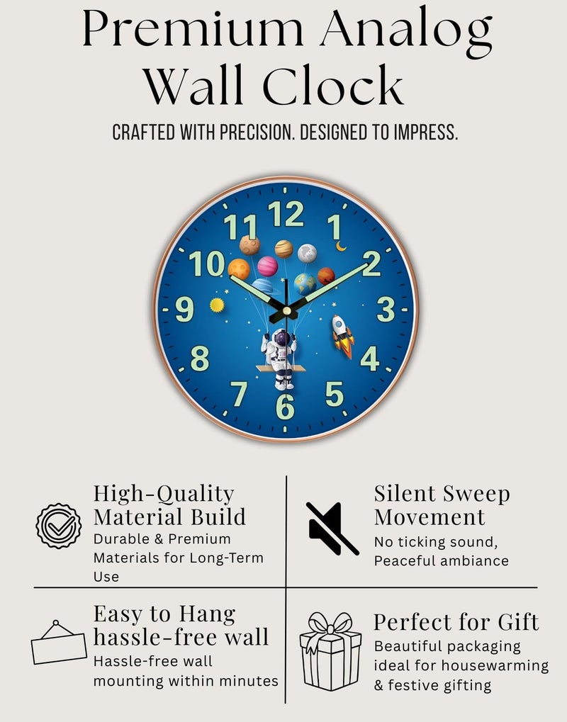 WHISKET - 12 Inch | Luxury Designer Radium Wall Clock with Night Glow Numbers – Silent Analog Clock with Elegant Floral Design for Living Room, Bedroom & Office Decor. (Radium Planet Men) - Image 5