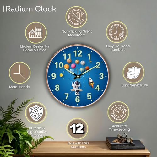 WHISKET - 12 Inch | Luxury Designer Radium Wall Clock with Night Glow Numbers – Silent Analog Clock with Elegant Floral Design for Living Room, Bedroom & Office Decor. (Radium Planet Men) - Image 4