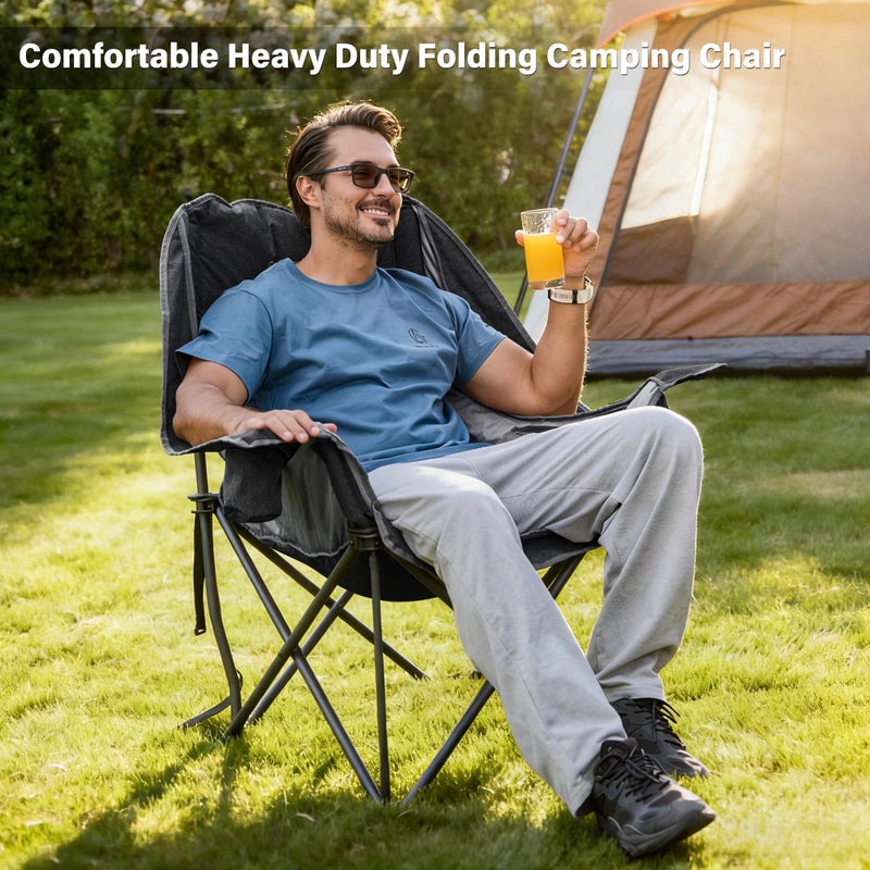 RELAX FIELD كرسي تخييم كبير RELAX FIELD، كرسي قابل للطي محمول مع وسادة وجيب جانبي، حامل أكواب، دعم قوي حتى 500 رطل، كرسي استرخاء خارجي للبالغين، صيد، رياضة، رحلة، أسود - Image 3