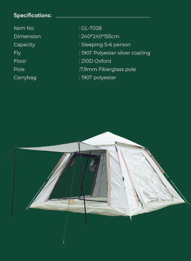 جرين ليون خيمة تخييم GT-6 / سعة 5-6 أشخاص / أرضية أكسفورد 210D / غطاء من البوليستر الفضي / حماية من الأشعة فوق البنفسجية / خفيفة الوزن / مقاومة للماء / شبكة جيدة التهوية / حبل مقاوم للرياح - بيج - Image 5