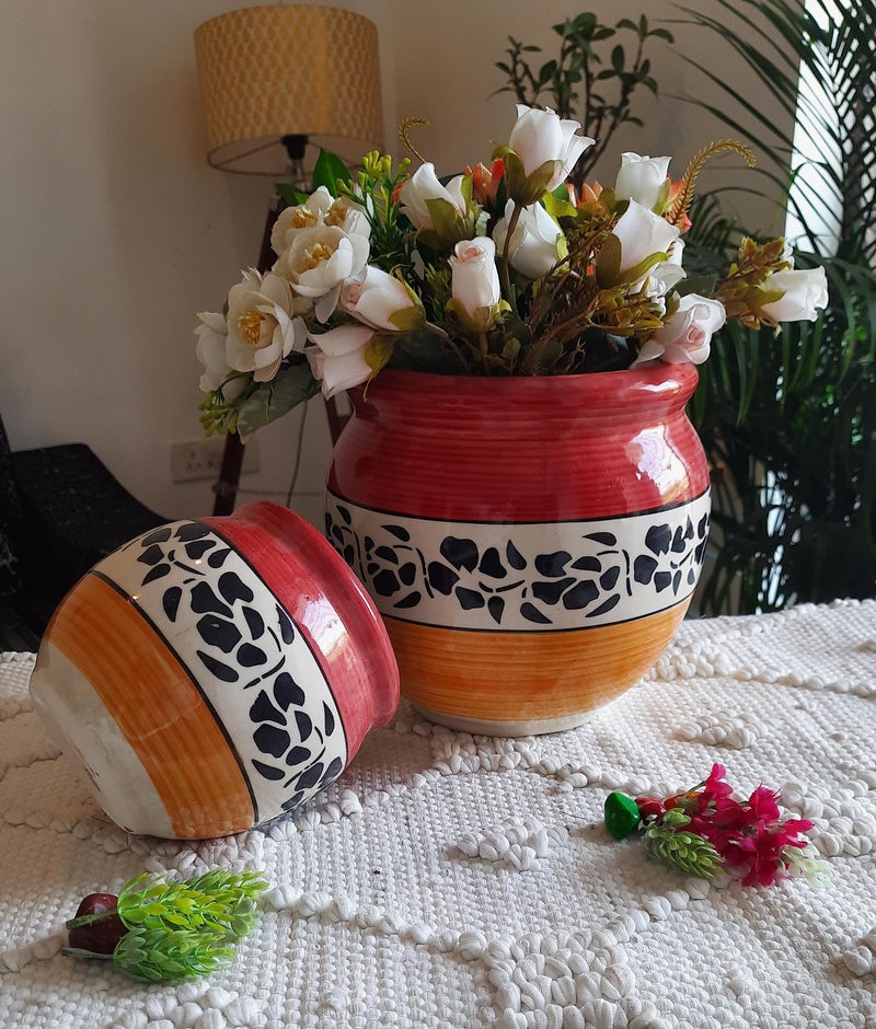 Niyara Multicolor Designer Handmade Handi Combo Ceramic planters Pot for Indoor Outdoor Home,Garden Office Decor Balcony Flower Size- 20 cm and 15 cm (Mughal) - Image 2