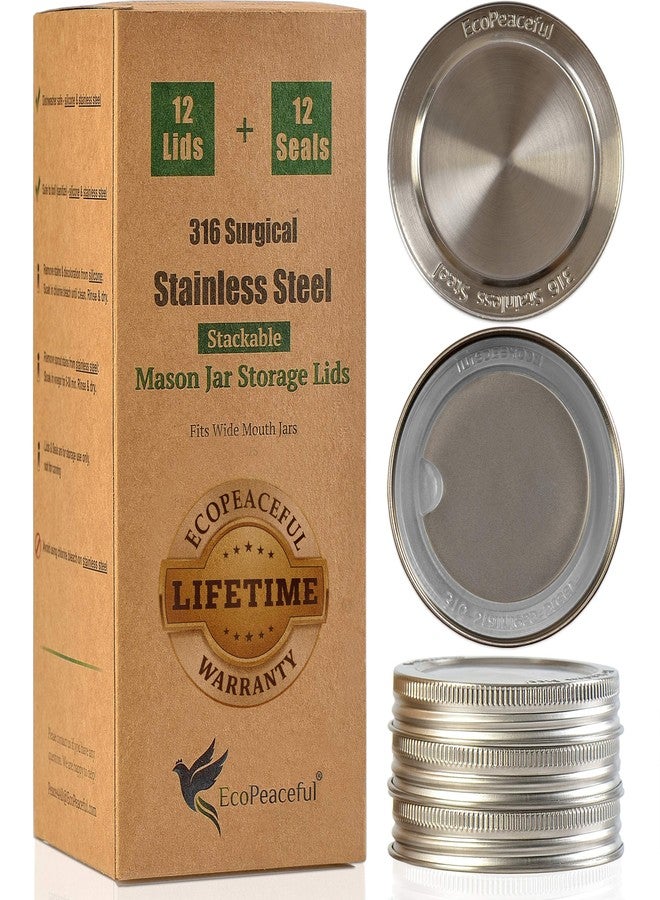 EcoPeaceful 316 Surgical Stainless Steel Mason Jar Lids WIDE Mouth -ORIGINAL DESIGN- Stackable w/Pull-Tab Silicone Seal. Rust-proof, Airtight, Leak-Proof, BPA-Free, PVC-Free, Vegan - Not for Canning - Image 1